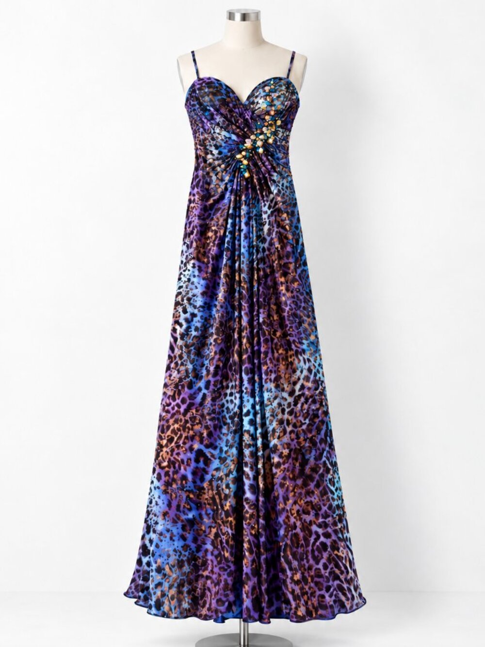 Tony Bowls Paris Blue Purple Leopard Jeweled Maxi Gown Tagged 12 Fits 4 to 6